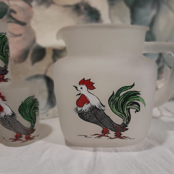 Vintage Hazel Atlas Frosted Glass Rooster Pitcher Set 🐓🍹 - Picture 7 of 11